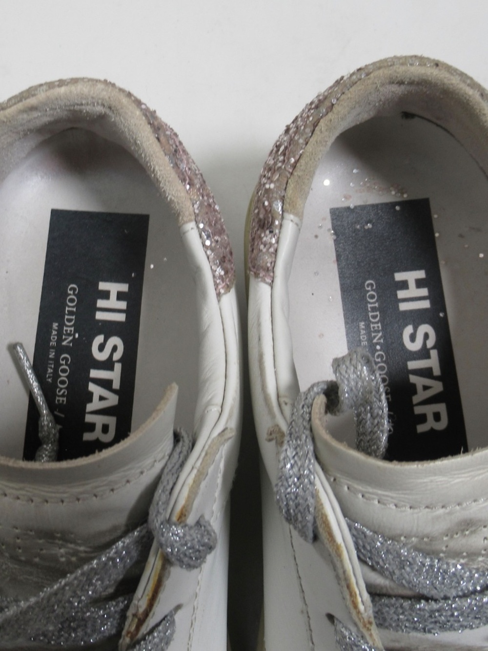 Golden Goose Women's Hi Star White Leather Silver Star Glitter Heel Tab 7 US - Picture 4 of 12